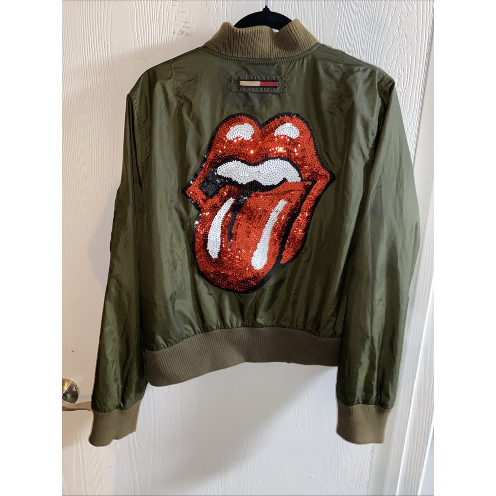 Tommy Hilfiger‎ XL Women's Olive Green Bomber Jacket Rolling Stones Sequin - Picture 6 of 8